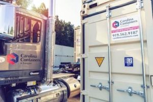 shipping container door close up with semi truck